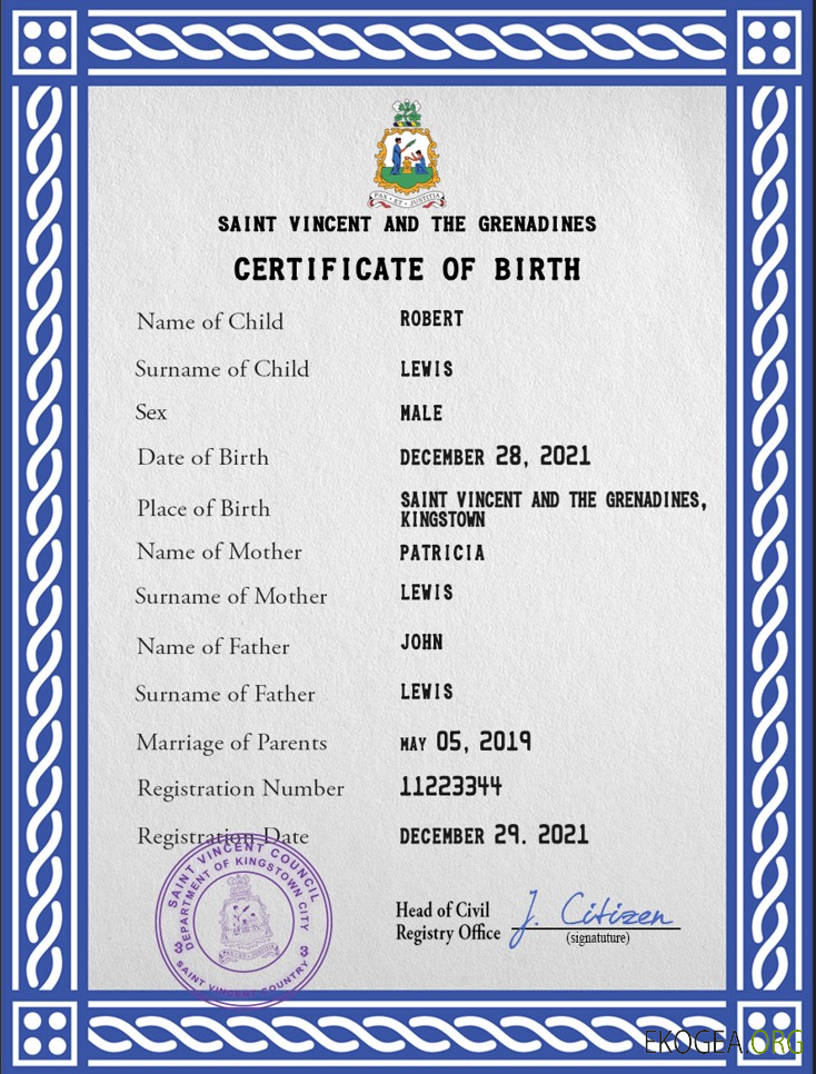 Modèle PSD d'acte de naissance de Saint Vincent et les Grenadines